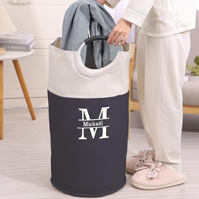 Personalized Collapsible Laundry Baskets Custom Clothes Basket with Initial Name Laundry Hamper 90L Large Dirty Clothes Basket for Bathroom (With Handle)