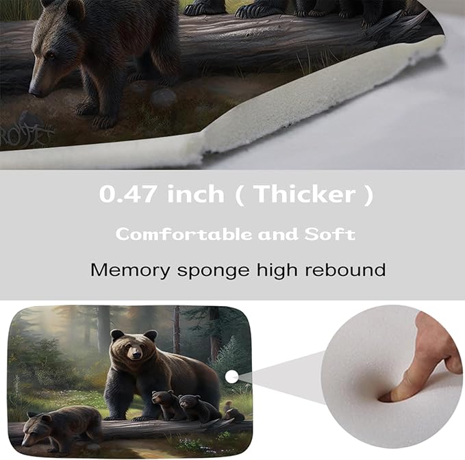 Cute Bear Forest Aesthetic Bathroom Rugs and Mats Sets 3 Piece, Memory Foam Bath Mat, U-Shaped Contour Shower Mat Non Slip Absorbent, Velvet Washable 20 x 31 inch Black and Green