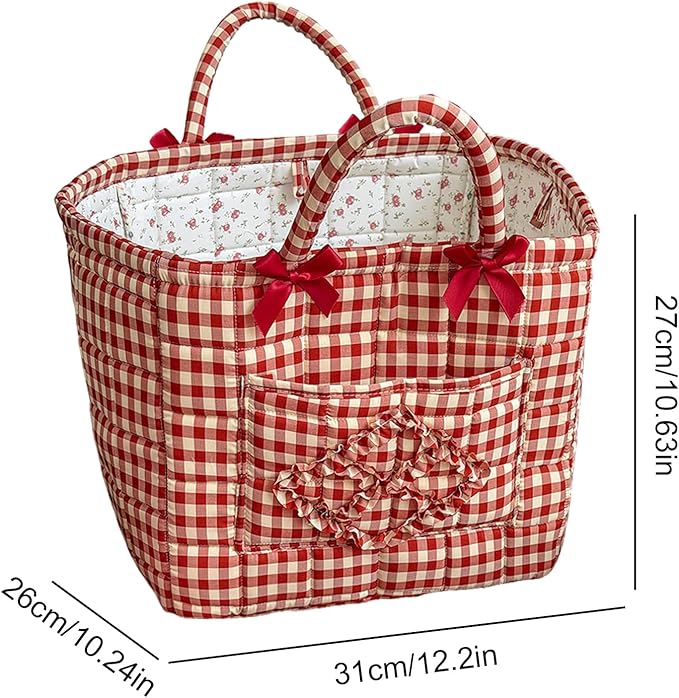 Quilted Fabric Basket Car Storage Basket Boho Floral Laundry Hamper for Nursery Bedroom & Living Room | Organize Clothes Toys (Red Gingham Check)