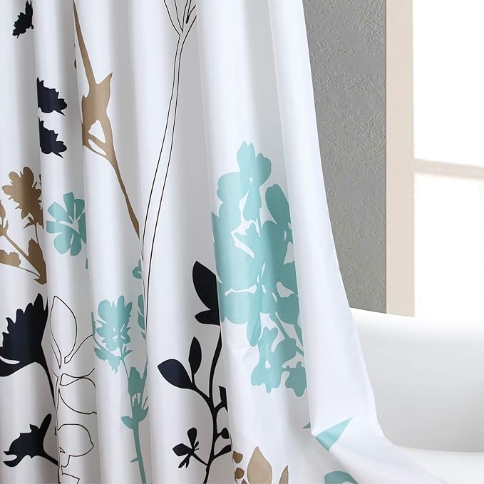 Long Fabric Shower Curtain, Blue and White Shower Curtain, Teal and Brown Floral Plant Shower Curtains for Bathroom, Modern Decorative Bathroom Curtains - 78" W x 78" H