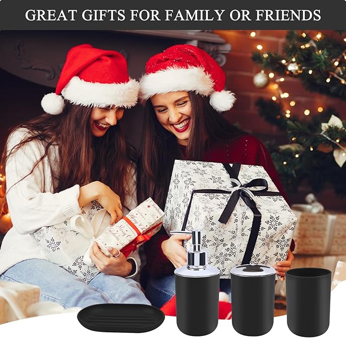 Matte Black Bathroom Accessories Set, 4-Piece Plastic Black Bathroom Organizer with Soap Dispenser, Toothbrush Holder, Rinse Cup & Soap Dish, Classic Black Bathroom Decor