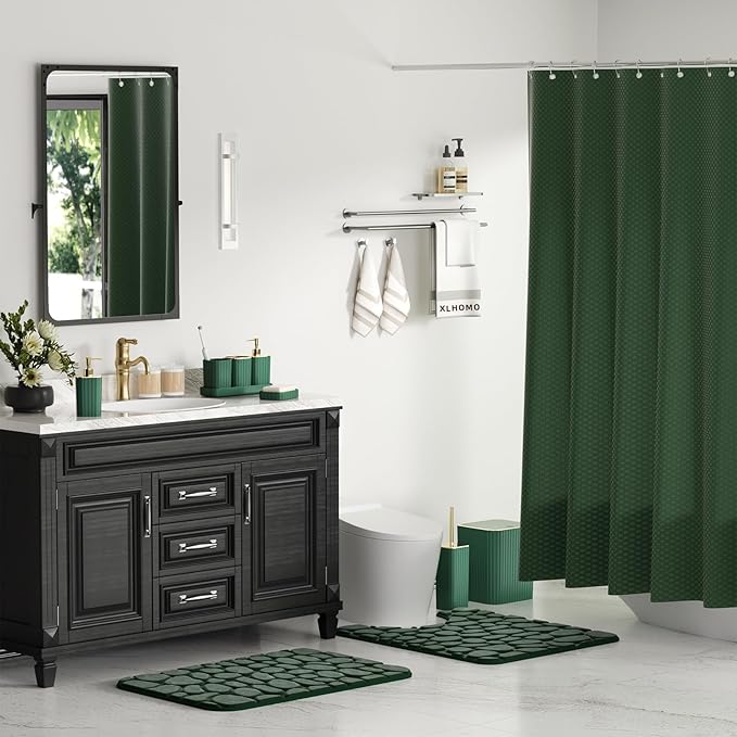 XLHOMO Bathroom Accessory Set - 25PC Green Bathroom Sets, Bathroom Set with Shower Curtain and Rugs, Dark Green Shower Curtain Set, Trash Can, Qtip Holder & Soap Dispenser