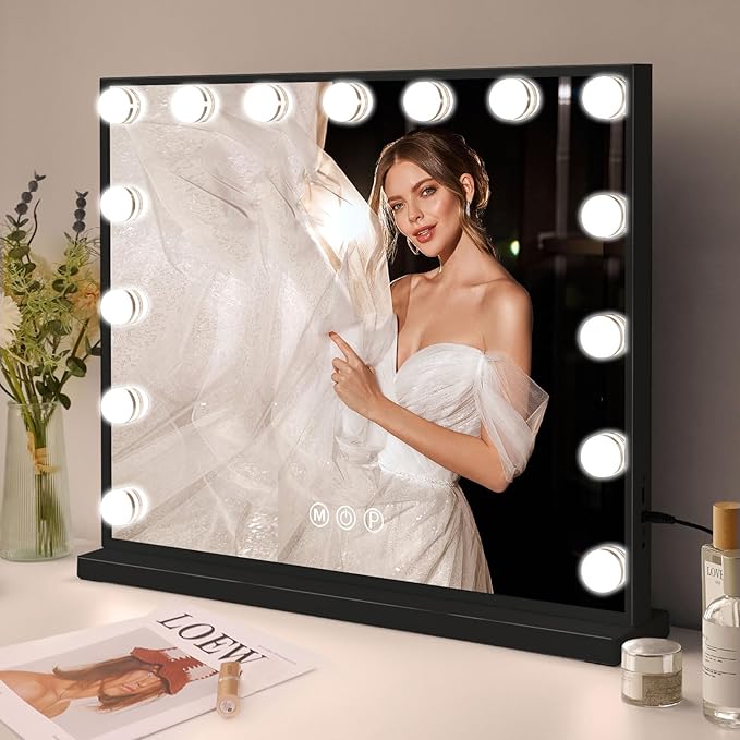 Fenair Vanity Mirror with Lights 22.8"x 18.1" Makeup Mirror with Lights and 15 Dimmable Bulbs,3 Colors Modes,Hollywood Mirror with USB Charging Port and 10X Detachable Magnification Mirror(Black)