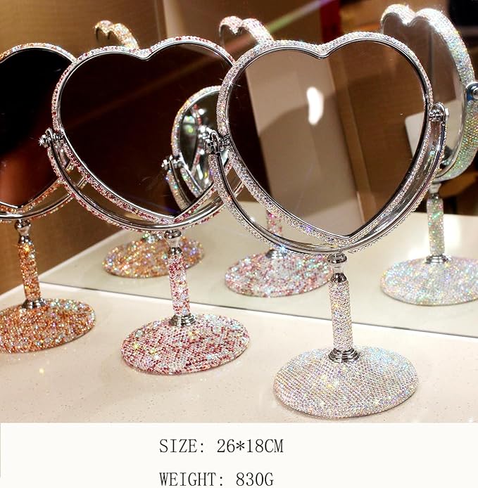 Luxury Bling Double-Sided Tabletop Makeup Mirror, Heart Shape Metal Makeup Mirror with 1:2 Magnifying Mirror, Rotating Mirror (Silver)