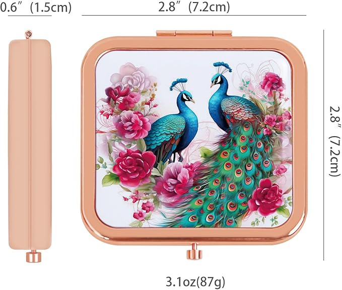 Vintage Compact Mirror Small Peacock Travel Makeup Mirror 2X 1X Magnification Double Sided Folding Square Mirror for Women Girl Metal Cosmetic Pocket Mirror for Purse Handbag