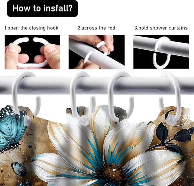 AZHM 4pcs White and Blue Artistic Painted Flowers Shower Curtain Set Floral and Butterfly Bathroom Sets with Rugs and Accessories