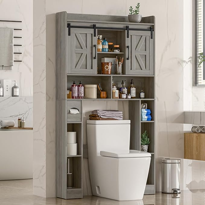 Vabches Farmhouse Storage Cabinet Over Toilet with Sliding Doors,Over The Toilet Storage Cabinet, Home Space-Saving Toilet Rack, for Bathroom, Restroom, Laundry
