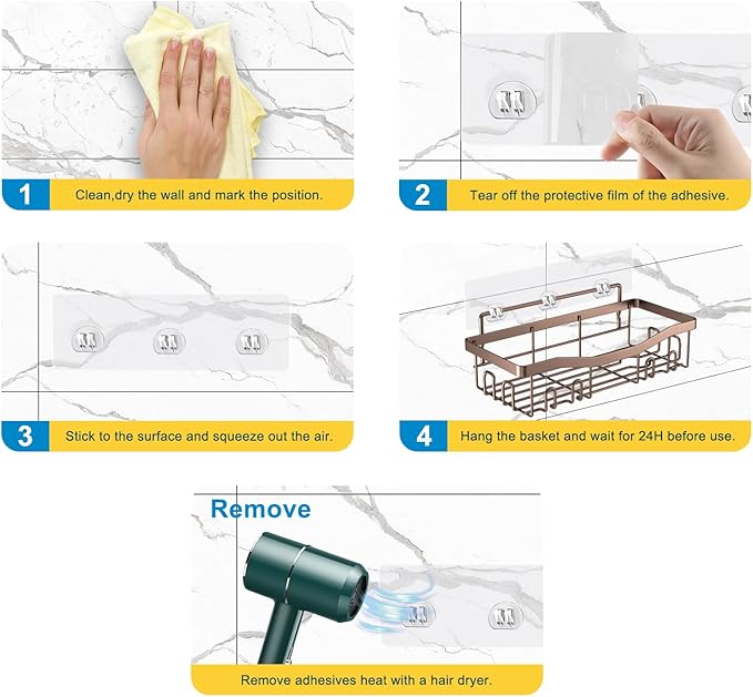 Youvip Adhesive Shower Caddy, No Drilling Bath Organizers 5 Pack, Rustproof Shelves with Soap Holder & Toothbrush Holder, Bathroom Organizers and Storage, Bronze