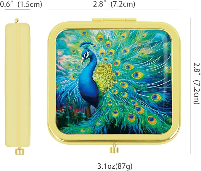 Magnifying Compact Peacock Cosmetic Mirror 2.8 Inch Square Handheld Travel Pocket Makeup Mirror Gold
