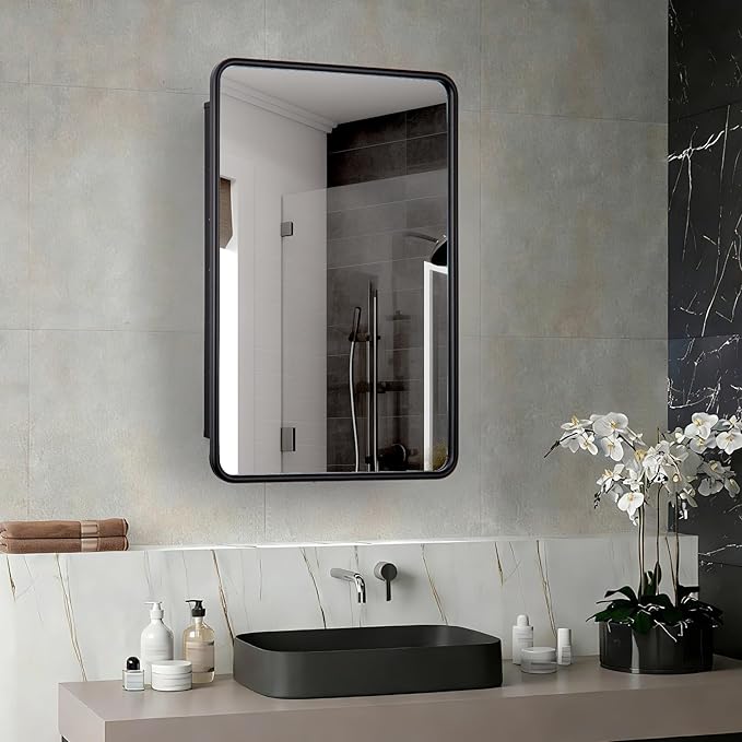 17 x 27 Bathroom Medicine Cabinet with Mirror Metal Frame Recessed Or Wall Mounted Single Door Storage Medicine Cabinets with Adjustable Shelves Rounded Corner Beveled Mirrors