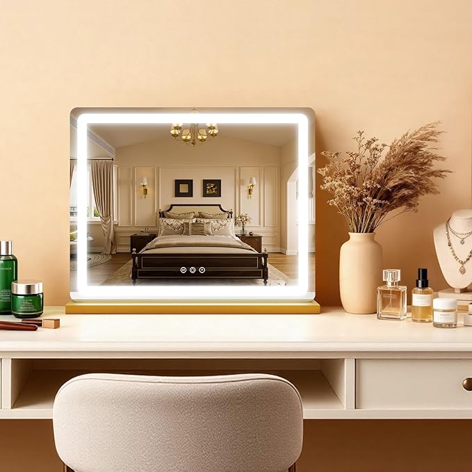ROLOVE Vanity Mirror with Lights, Lighted Vanity Mirror with Dimmable 3 Modes, LED Makeup Mirror, Touch Screen Control, for Makeup Desk, Dressing Room, Gold, 23x19 Inch