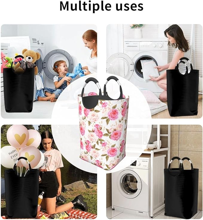 Floral Laundry Basket Flower Rose Laundry Hamper Pink Collapsible Baskets with Handle Dirty Clothes Bag Hamper for Dorm Family Bathroom Decor Storage 50L
