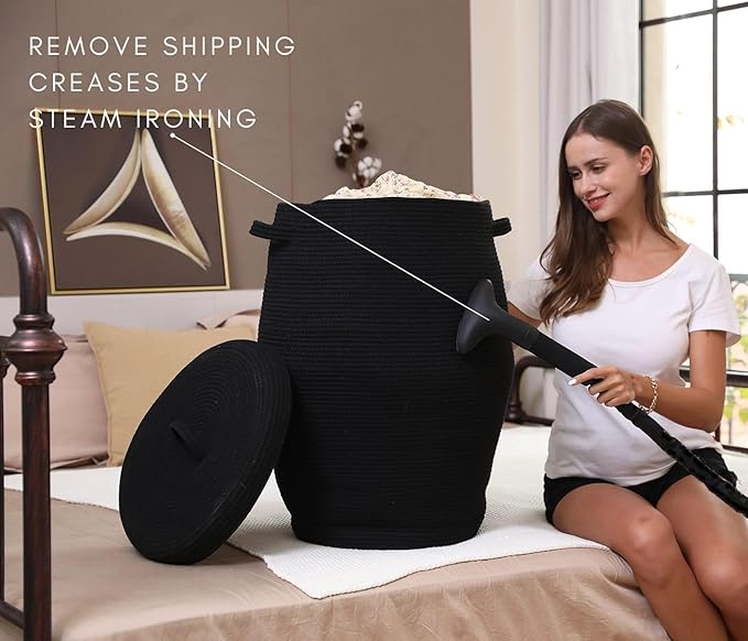 26"x20" Handcrafted Tall Cotton Rope Basket with Lid, Stylish Flagon Shape with Cover, Clothes Hamper with Top, for Bedroom and Living Room, All Black