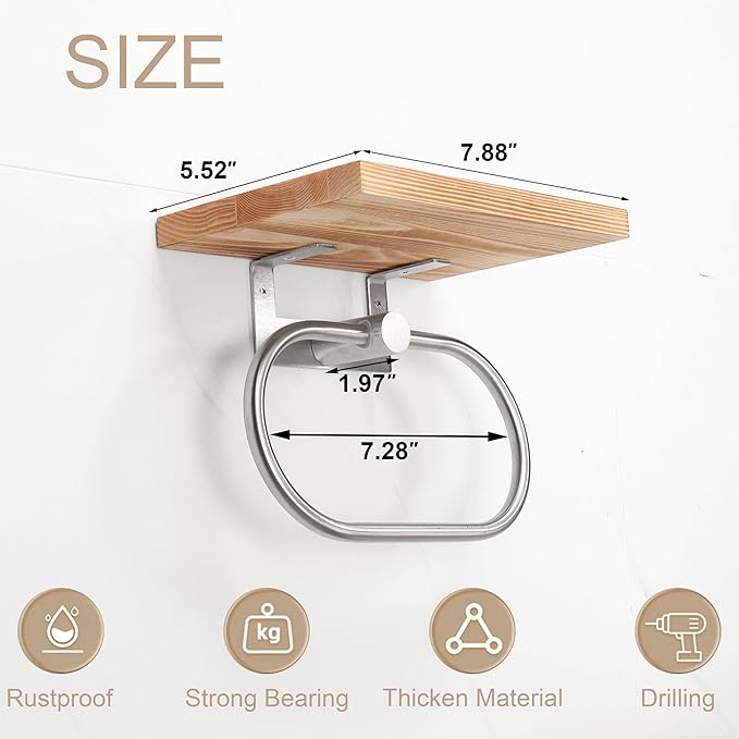 TocTen Hand Towel Holder for Bathroom Wall Mount Towel Ring with Wooden Shelf, Premium Metal Hand Towel Rack, Bathroom Accessories Rustic Hand Towel Hanger for Bathroom Kitchen RV(Brushed Nickel)