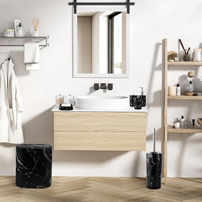 Bathroom Accessories Set, 9-Piece Marble Black Bathroom Set, Black Bathroom Accessories with Slim Trash Can, Soap Dispenser, Toilet Brush, Toothbrush Set, Qtip Holders