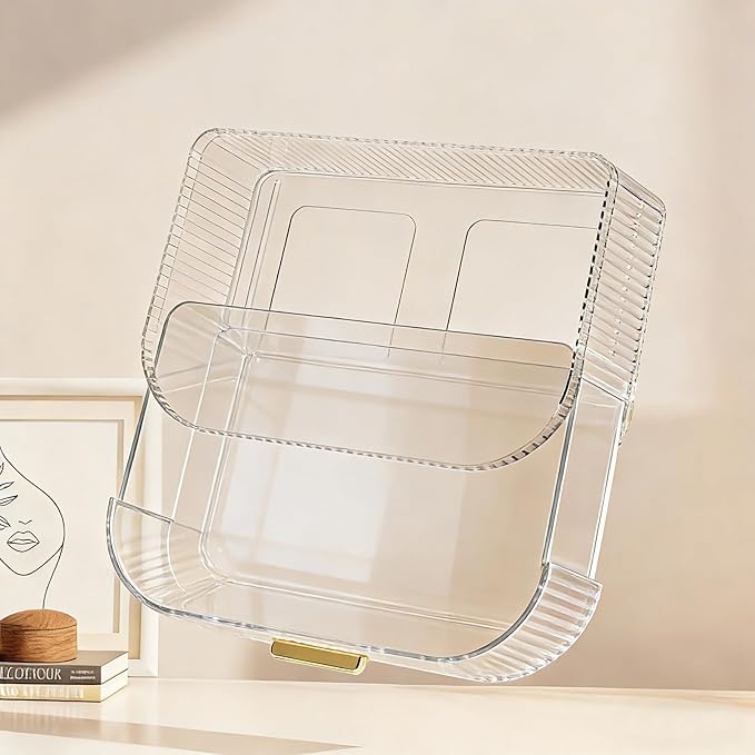 Makeup Organizer with 360 Rotating Brush Holder and Stackable Drawers, Cosmetic Display Case for Vanity, Bathroom Countertop (Clear, 3 Layer)