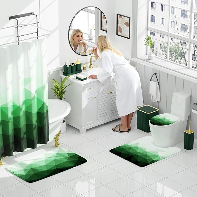 XLHOMO Bathroom Accessory Set - 26PC Bathroom Shower Curtain and Rug Set, Bathroom Accessories Set, Green Bathroom Set with Trash Can, Toilet Brush, Qtip Holder & Soap Dispenser