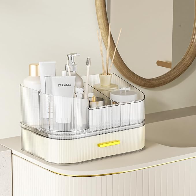 Delamu Makeup Organizer for Vanity with Stackable Drawers, 360 Rotating Makeup Brush Holder Large Cosmetic Display Case, Bathroom Skincare Storage, Elegant White, Ideal Gifts for Girls