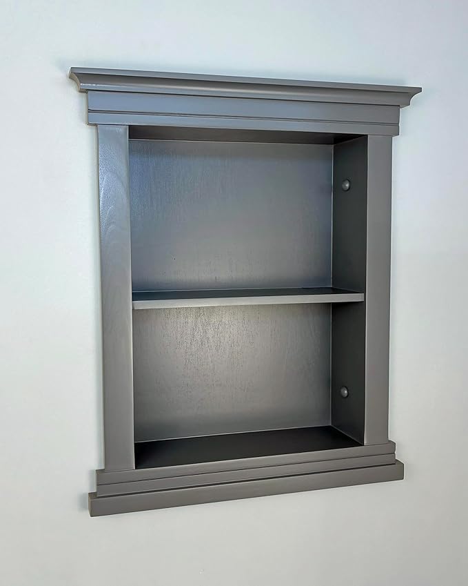 Fox Hollow Furnishings 14x18 Elliot Craftsman Recessed Wood Wall Niche, Open Medicine Cabinet Replacement, in The Wall Bathroom Cabinet Insert Shelves, Made in North America, NO MDF, Plain, Dark Gray