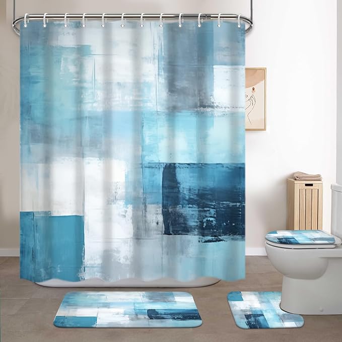 Lnond 4Pcs Bathroom Shower Curtain Sets with Rugs,Turquoise White Painting Art Bathroom Sets with Shower Curtain and Rugs and Accessories
