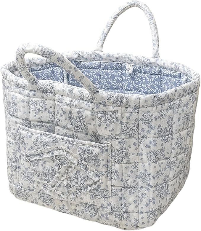 Quilted Storage Basket Boho Fabric Floral Laundry Nursery Basket Folding Quilted Baskets with handles for Car Clothes Toys