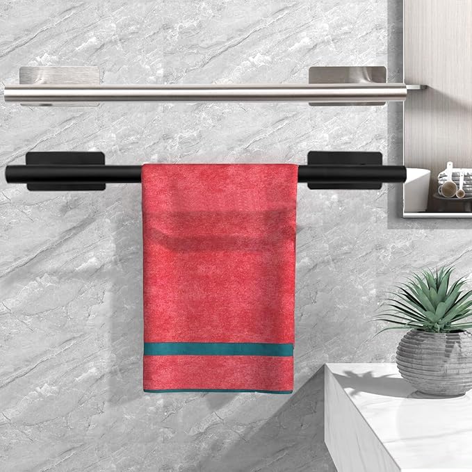 Self Adhesive Bath Towel Bar, Stainless Steel Towel Racks for Bathroom No Drilling Heavy Duty Towel Holder Stick on Wall Sturdy and Rustproof Towel Hanger for Bathroom(Brushed Nickel,16In)