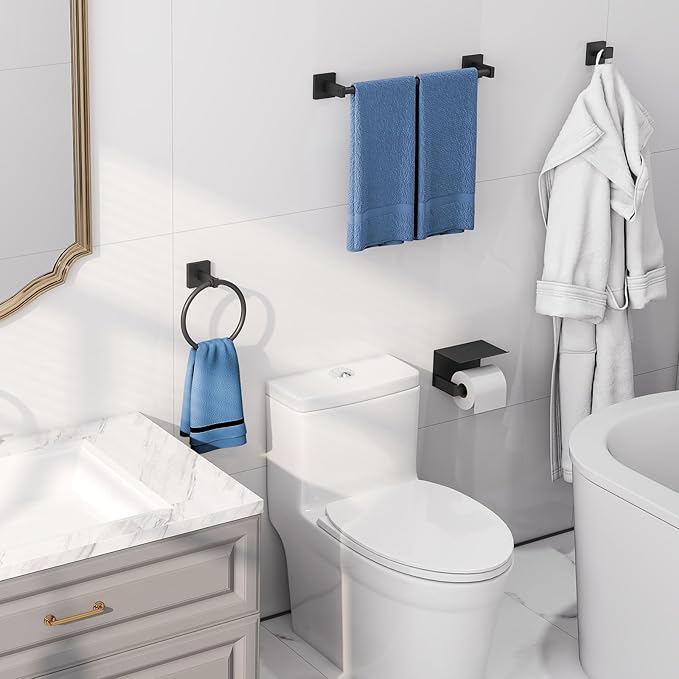 Bathroom Hardware Accessories Set 4-Pieces, Towel Racks for Bathroom Wall Mounted, Stainless Steel 24Inch Black Towel Bar Set, Round Towel Ring, Towel Hook, Toilet Paper Holder with Shelf