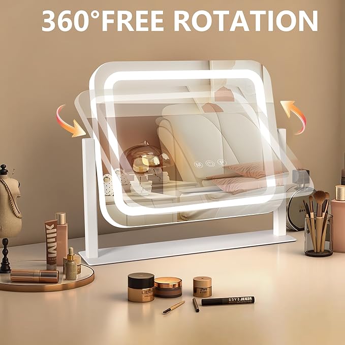 Ratsamee Vanity Mirror with Lights 14"×12", Led Makeup Mirror, Lighted Makeup Mirror with 3 Color Dimmable Lights, Smart Touch Screen Control, 360°Rotation