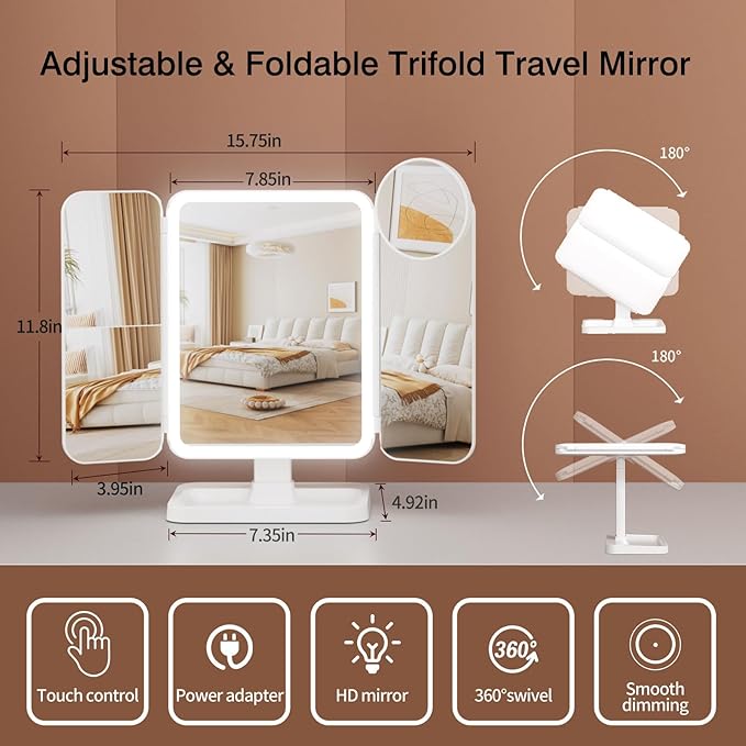 Lighted Makeup Mirror with 75 LEDs, Rechargeable Vanity Mirror with 1X/2X/3X/10X Magnification, 3 Color Modes & Touch Dimming, Portable Folding Mirror for Travel Desk, Gifts for Women & Girls