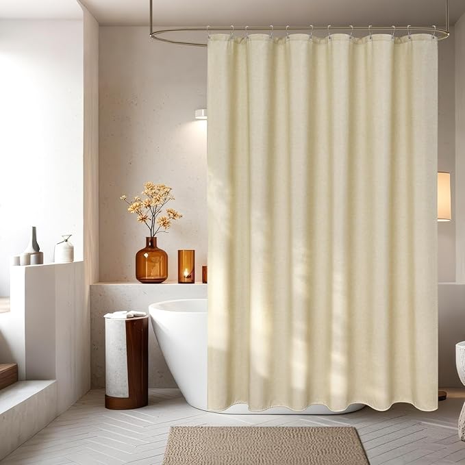 Natural Linen Look Shower Curtain Beige Extra Tall 72 x 96 Inch, Heavy Duty Faux Linen Fabric Shower Curtain Long Water-Resistant, Washable Cream Shower Curtains for Bathroom