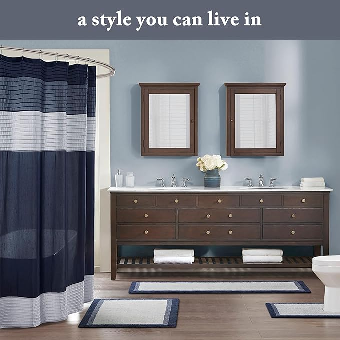 Madison Park Amherst Bathroom Shower Curtain Faux Silk Pieced Striped Modern Microfiber Bath Curtains, 72x72 Inches, Navy