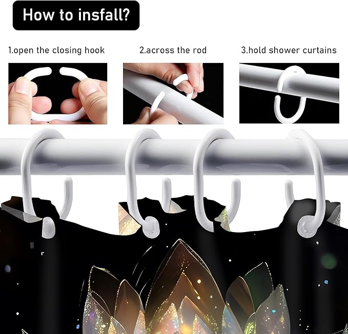 AZHM 4PCS Lotus Shower Curtain Set Black and Gold Flower Bathroom Decor Sets with Shower Curtain and Rugs and Accessories with 12 Hooks for Toilet