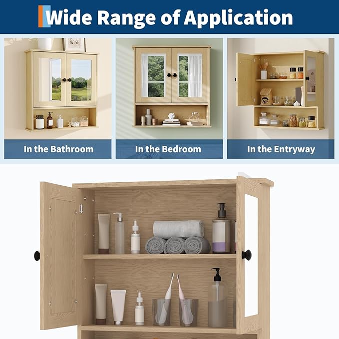 Bathroom Wall Cabinet with Mirrored Doors – Slim Medicine Cabinet with Adjustable Shelf – 2.2x23x5.1 Inch Compact Wall Cabinet for Bathroom, Kitchen, Laundry Room, Entryway