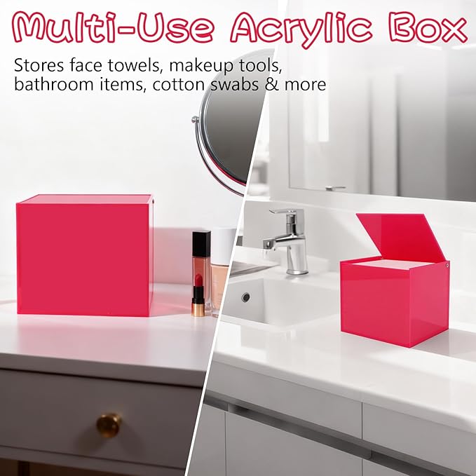 Hot Pink Acrylic Disposable Face Towel Holder-Compatible with Clean Skin Club Facial Towel XL, Acrylic Face Towelette Storage Box Container, Cosmetic Organizer for Bathroom Countertop Storage