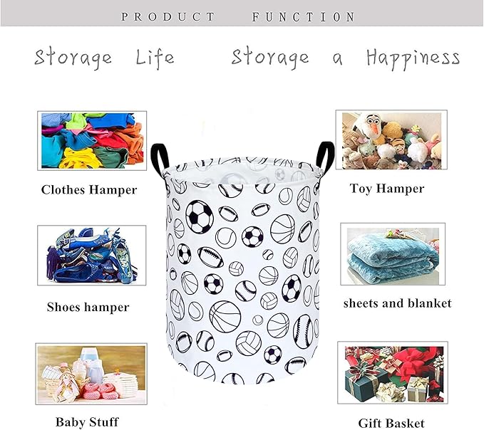 KUNRO Round Laundry Gift Basket Storage Hamper, Clothes Storage Organizer Bins, Shelf Basket with Handles for Room Decor (Sports ball)