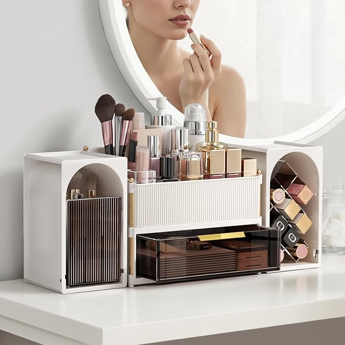 INVSSENE Stackable Makeup Organizer Countertop, Storage Perfume Skincare Cosmetic Lipstick Face Mask Makeup Brush Palettes, Ideal for Vanity Bathroom Counter