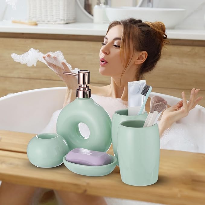 FoldTier 5 Pcs Ceramic Bathroom Accessories Set Includes Soap Dispenser Toothbrush Cup Holder Soapbox Holder Stylish Modern Bathroom Matte Glaze Decor(Green)