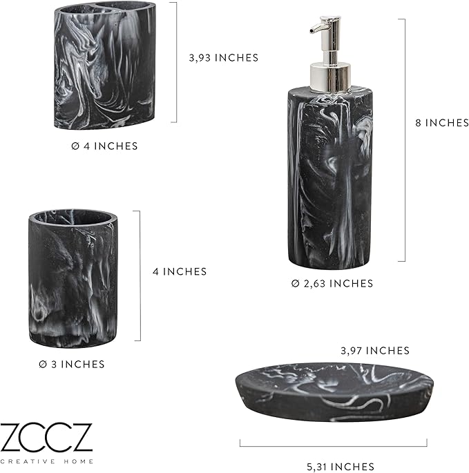 ZCCZ Bathroom Accessories Set, 4-Piece Marble Pattern with Soap Dispenser, Toothbrush Holder, Tumbler, and Soap Dish for Modern Bath Décor, Elegant and Durable Design for Home or Office Bathrooms