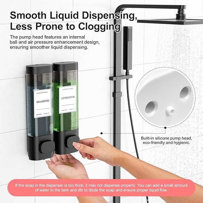 Shampoo and Conditioner Dispenser – Wall-Mounted Shower Soap Dispenser, No-Drill Installation, Lockable, 900 ml Capacity,for Bathroom & Hotel or Airbnb (Black, 2-Pack)