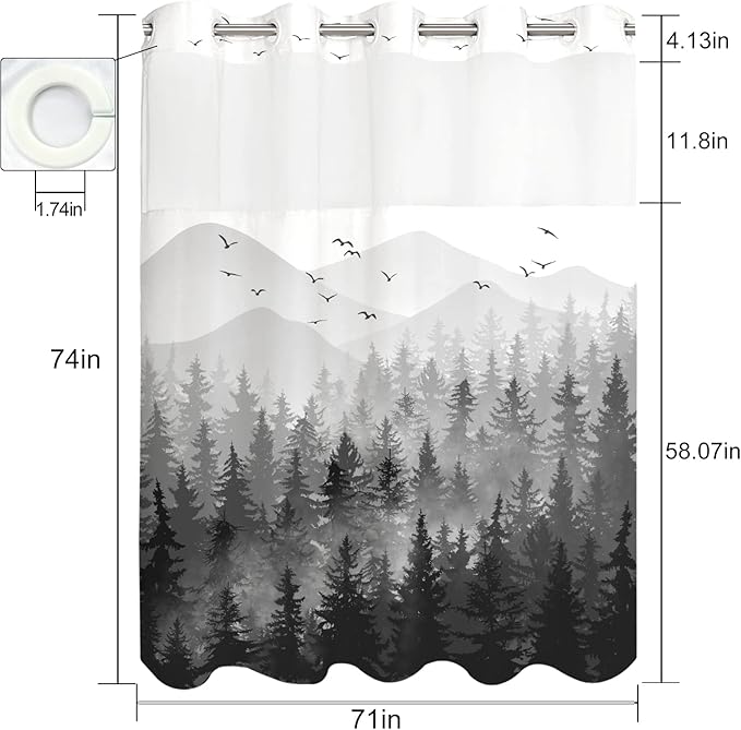 Accnicc No Hook Shower Curtain with Snap in Liner Black Gray Misty Forest Hookless Shower Curtains for Bathroom Foggy Nature Pine Tree Mountain Woodland Waterproof Fabric Bath Curtain Decor 71Ć74In
