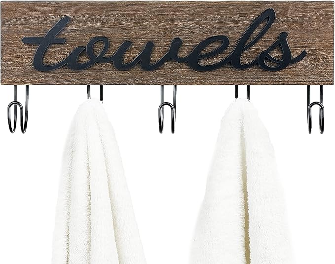 Mkono Towel Holder Wall Mounted Towel Racks for Bathroom Farmhouse Decor Rustic Wood Towel Hooks Hang Towels Bathrobe Coat Clothing 12.6" x 5.2" Bath Towel Hanger Storage Organizer
