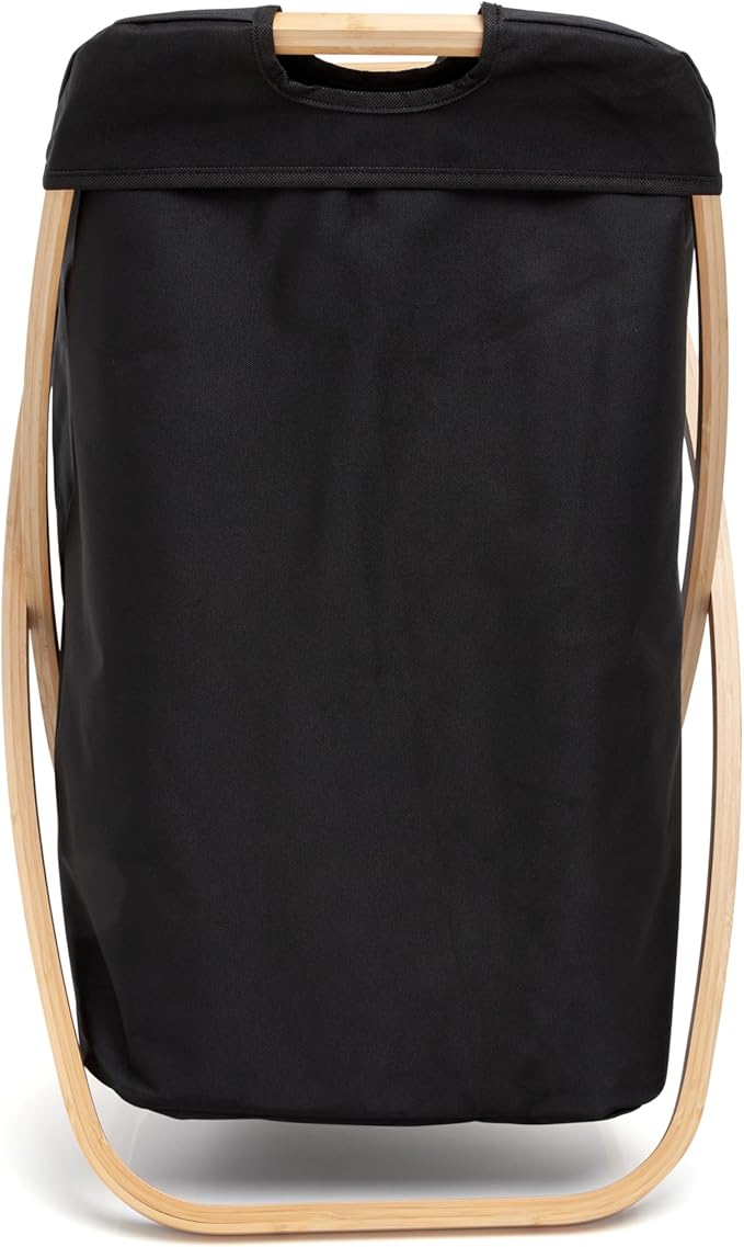 QUALIAZERO 72L Bamboo X-Frame Laundry Hamper ā Foldable Single Section Clothes Basket with Removable Bag & Bottom Handle, Ideal for Bathroom, Bedroom, or Dorm (ONYX BLACK, X-FRAME)