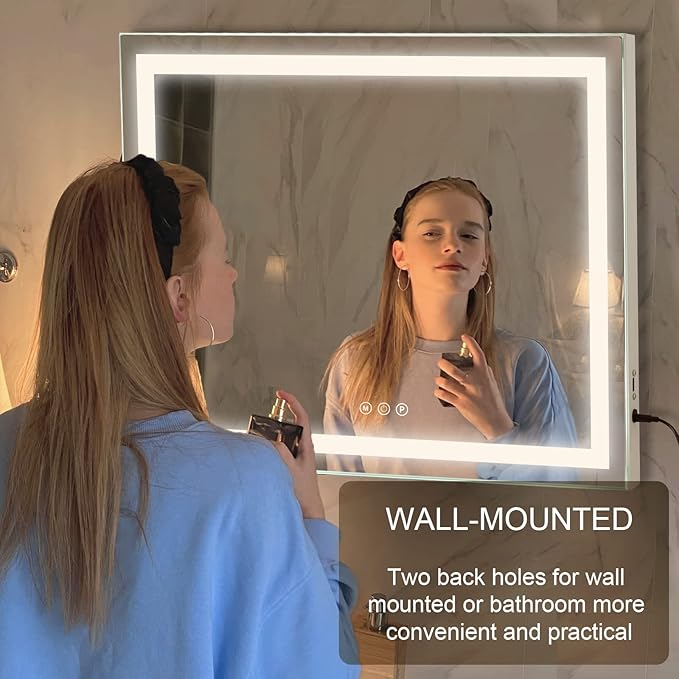 Sucedey 23" x 19" Vanity Mirror with Lights, Large Makeup Mirror with 3 Color Modes & Adjustable Brightness, Detachable 10x Zoom Mirror,Smart Touch Control,Plug in(Tabletop & Wall-Mounted)
