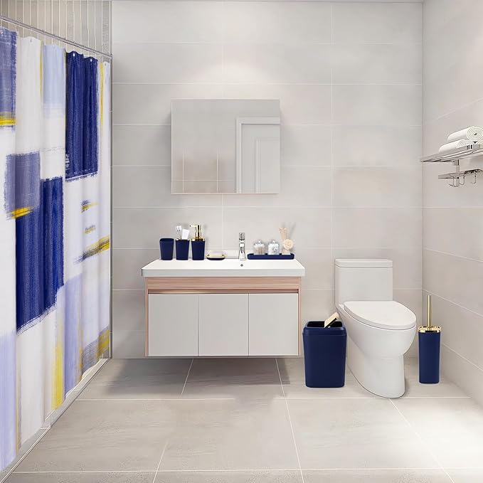 XLHOMO Blue and Gold Bathroom Accessories Set, Bathroom Sets with Shower Curtain, Blue Bathroom Accessories with Trash Can, Soap Dispenser, Soap Dish, Toilet Brush Holder, Qtip Holders for Bathroom