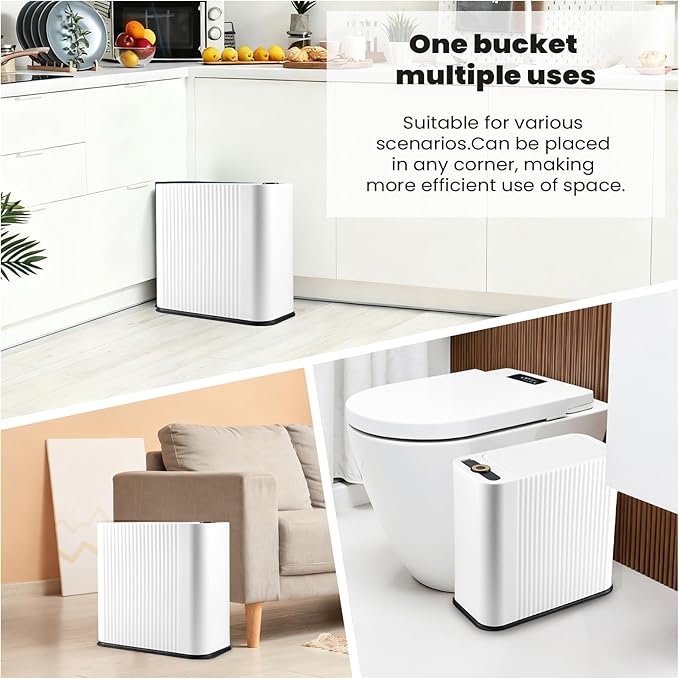XLHOMO 9-Piece White Bathroom Accessories Set - Minimalist Matte Stripe Set with Slim Press-Top Trash Can, Soap Dispenser & Toothbrush Holder - Aesthetic Apartment Essentials