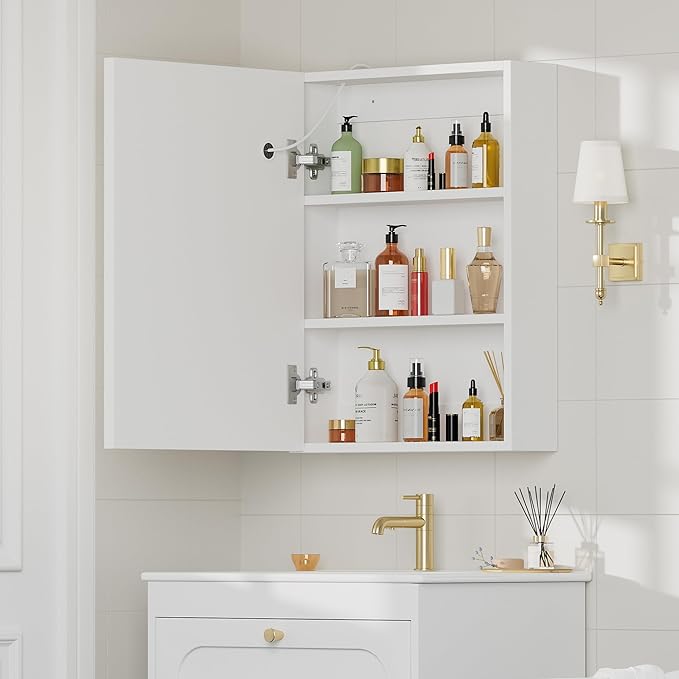 18x24 Inch Lighted Medicine Cabinet with Mirror,LED Bathroom Mirror Cabinet with Lights Wall Mounted,Illuminated Mirror Cabinet, Adjustable Brightness, 3 Color Lighting, Anti-Fog