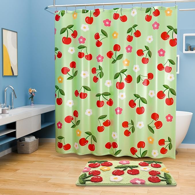 Anybar Fabric Shower Curtain Cute Floral Cherry Curtains Waterproof Soft Polyester Bathroom Curtain- Decor Washable Privacy Cloth Extra Long Shower Curtain for Bathroom (72x84inch) Green
