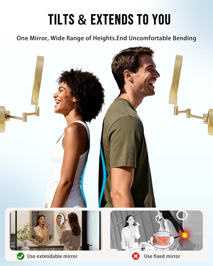 10" Large Lighted Makeup Mirror Wall Mounted, Rechargeable 1X/5X Double-Sided 3 Color Touch Dimmable Extended Swing Arm 360 Rotation Vanity Mirror for Bathroom, Brushed Moderne Brass