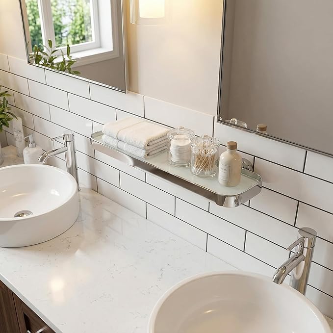 Cortesi Home Milo Contemporary Stainless Steel Glass Vanity Shelf, Chrome, 16"