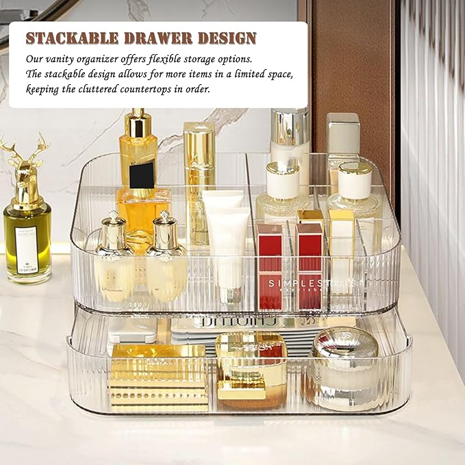 Makeup Organizer with Drawers, Stackable Cosmetics Organizer, Large Make Up Organizer Storage Box, Ideal for Bathroom Countertop and Desk (1 x Drawer, Clear)